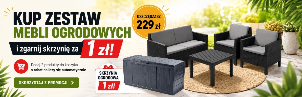 Kup zestaw mebli ogrodowych KETER Chicago 3+1 i odbierz skrzynię ogrodową KETER Sherwood 270 l za 1 zł.