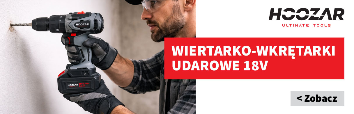 Wiertarko-wkrętarka udarowa HOOZAR 18V podczas wiercenia w ścianie – narzędzie akumulatorowe do prac montażowych