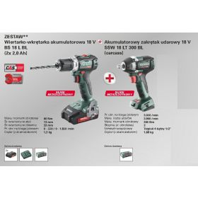 METABO ZESTAW COMBO 18V WKRĘTARKA BS 18 L BL + KLUCZ SSW 18 LT 300 BL 2x2,0Ah PL2220091