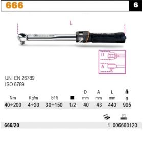 BETA KLUCZ DYNAMOMETRYCZNY KLIKOWY Z DWUKIERUNKOWYM MECHANIZMEM  ZAPADKOWYM 1/2" 40-200 Nm 666N-20